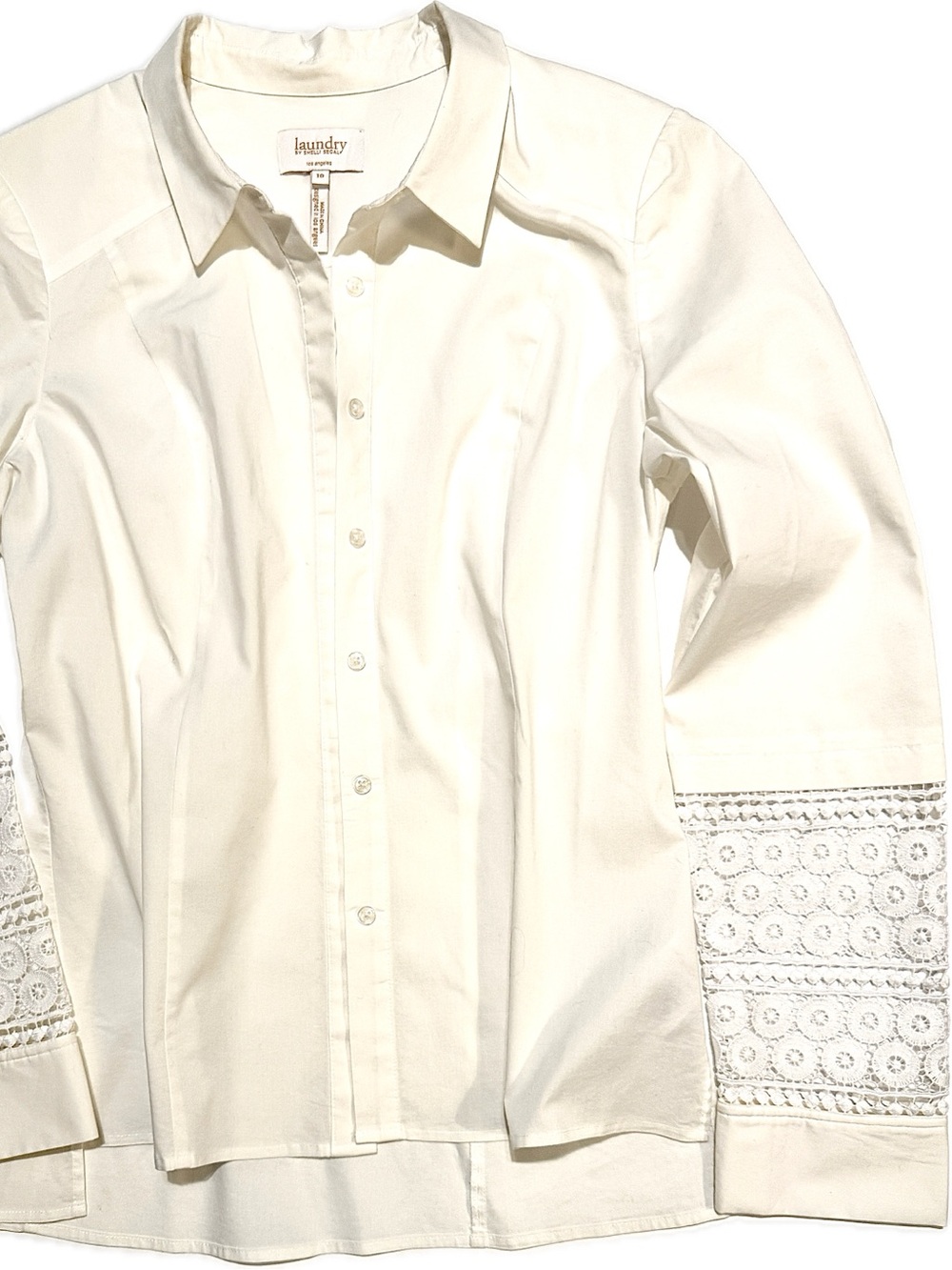Laundry By Shelli Segal Cream Button-Front Shirt with Lace Sleeve Panels